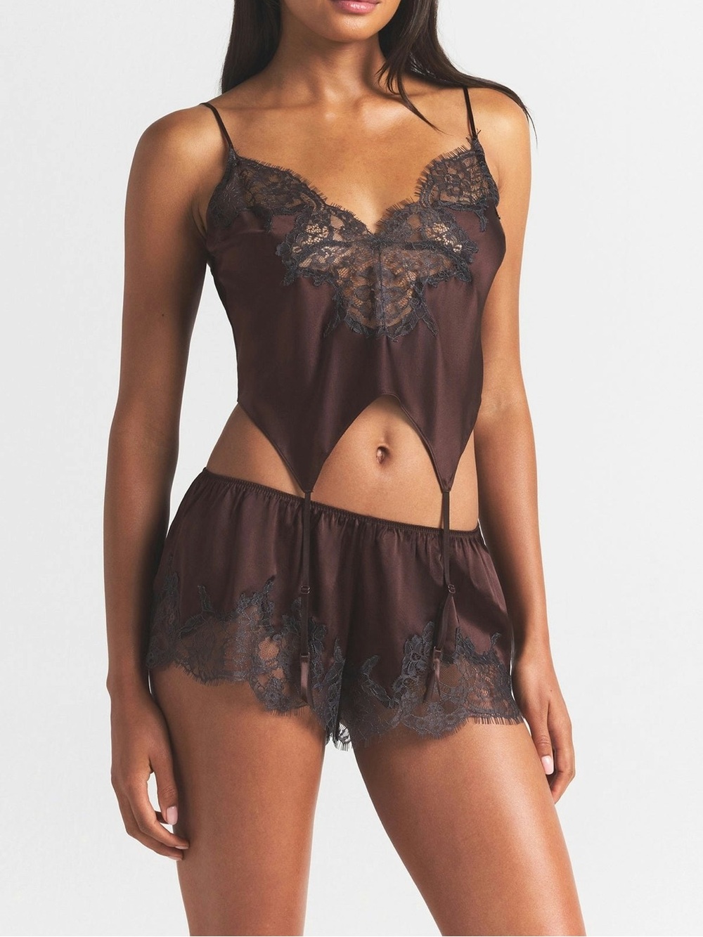 SKIMS Chocolate Silk Lace-Trim Cami & Short Set